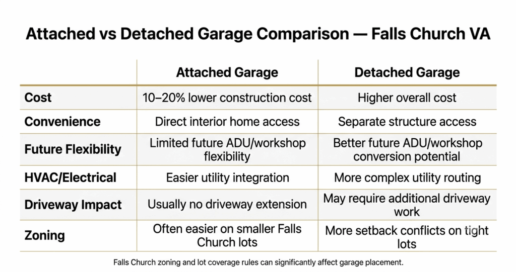 Garage Addition Mistakes Falls Church VA: 7 Expensive Planning Errors to Avoid 2 garage addition mistakes Falls Church VA attached vs detached garage zoning cost comparison