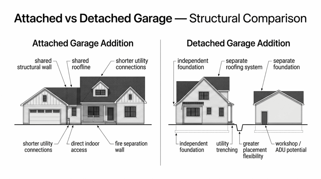Attached vs. Detached Garage Vienna VA: Pros, Cons & Cost Guide (2026) 2 attached vs detached garage Vienna VA structural comparison showing garage addition Vienna VA design differences