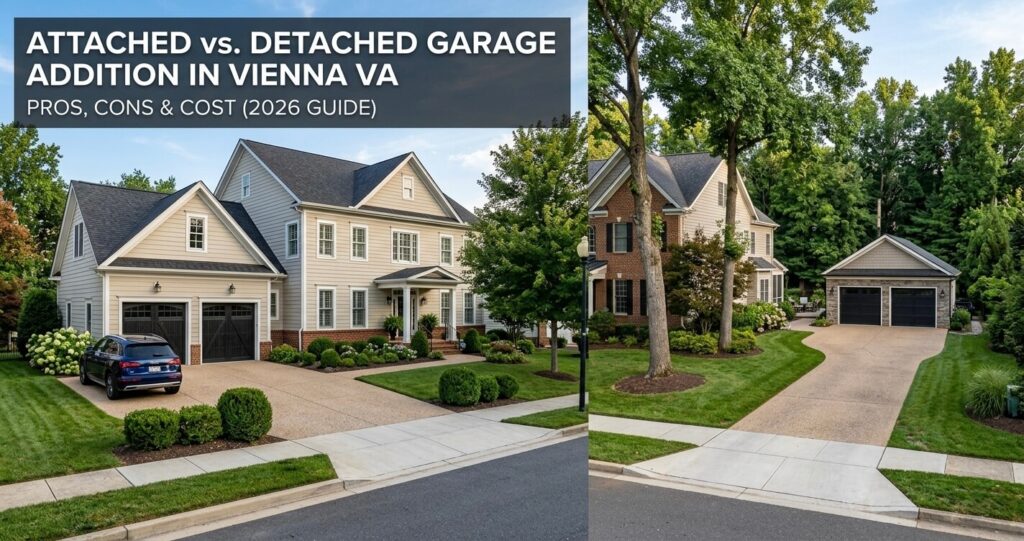 attached vs detached garage Vienna VA comparison showing attached garage addition Northern Virginia and detached garage cost Vienna VA