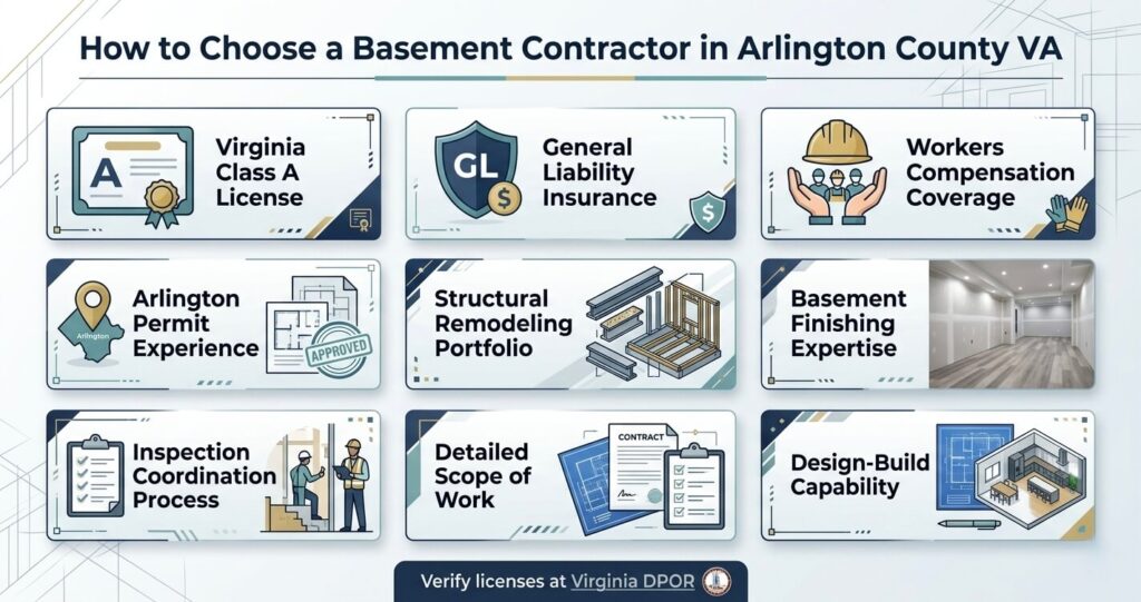 Basement Finishing Permit Arlington County VA: What Homeowners Must Know in 2026 10 basement finishing permit Arlington County VA basement contractor hiring checklist infographic