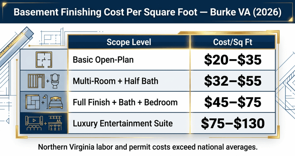 Basement Finishing Cost Burke VA: 2026 Pricing Guide for Fairfax County Homeowners 5 basement finishing cost Burke VA cost per square foot Northern Virginia basement remodel