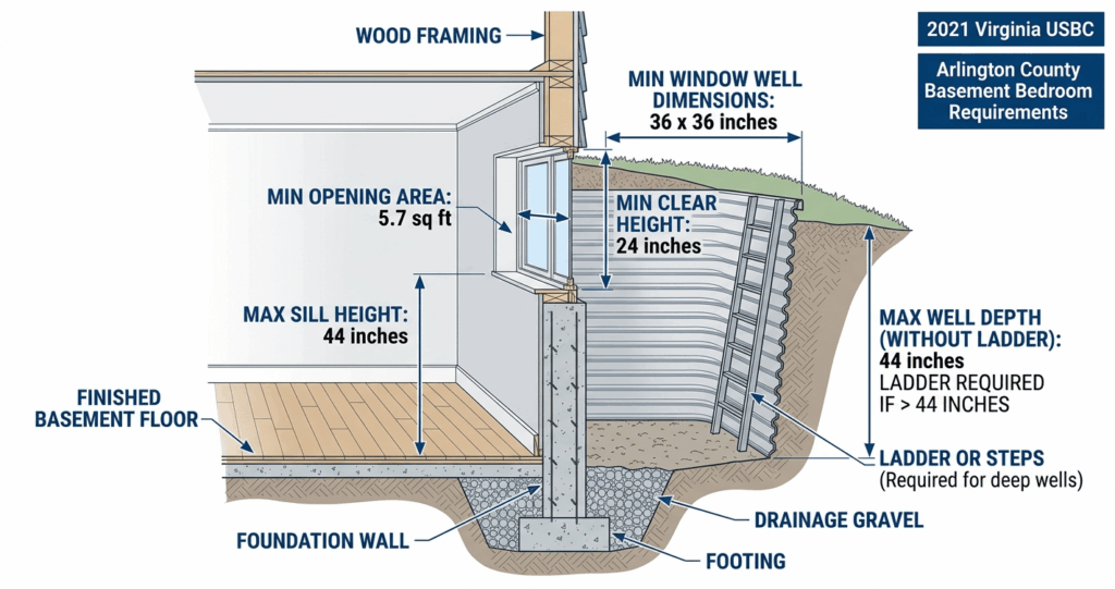 Basement Finishing Permit Arlington County VA: What Homeowners Must Know in 2026 3 basement finishing permit Arlington County VA basement bedroom egress window requirements diagram