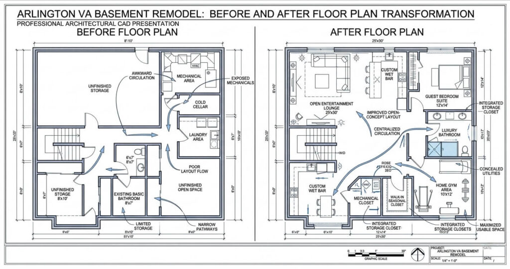 Basement Finishing Before After Arlington VA: Luxury Remodel Ideas & Costs (2026 Guide) 4 basement finishing before after Arlington VA basement layout transformation floor plan