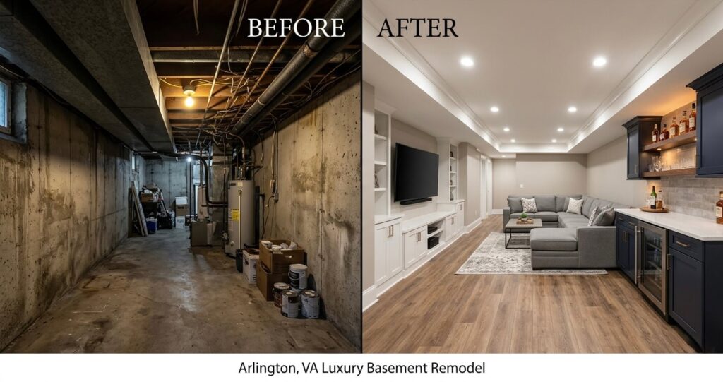 basement finishing before after Arlington VA luxury basement remodel Northern Virginia