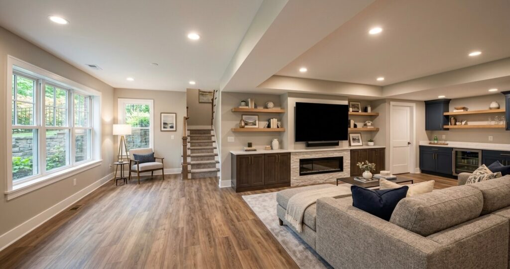 basement finishing cost Burke VA modern finished basement remodel Northern Virginia Fairfax County