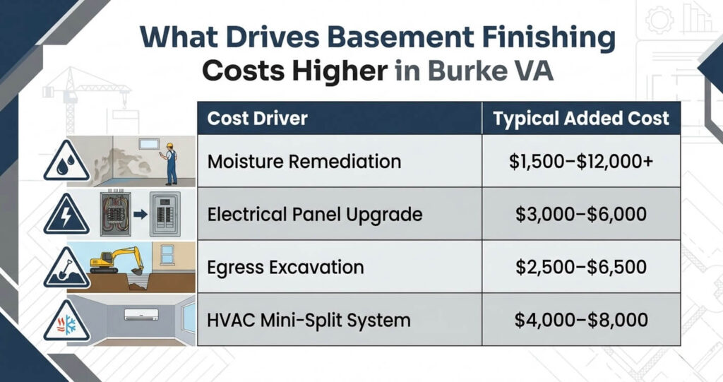 Basement Finishing Cost Burke VA: 2026 Pricing Guide for Fairfax County Homeowners 9 basement finishing cost Burke VA moisture remediation HVAC electrical panel upgrade