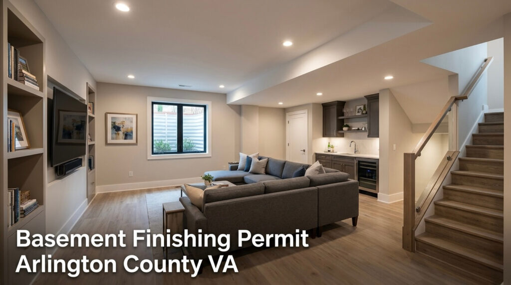 basement finishing permit Arlington County VA modern finished basement remodeling project
