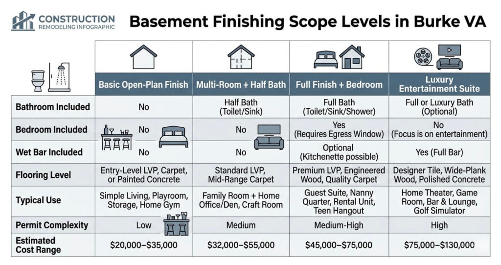 Basement Finishing Cost Burke VA: 2026 Pricing Guide for Fairfax County Homeowners 3 basement finishing cost Burke VA basement remodel scope levels Fairfax County