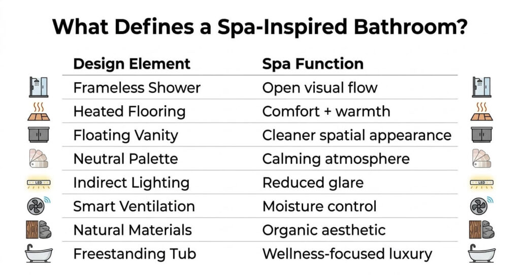 Bathroom design ideas Fairfax VA infographic showing spa-inspired bathroom features and wellness-focused remodeling elements

