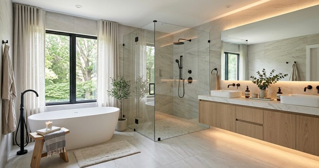 Bathroom design ideas Fairfax VA featuring spa-inspired luxury remodel with frameless walk-in shower and floating vanity