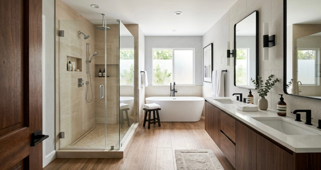 bathroom remodel before after Burke VA completed master bathroom modern luxury walk in shower double vanity

