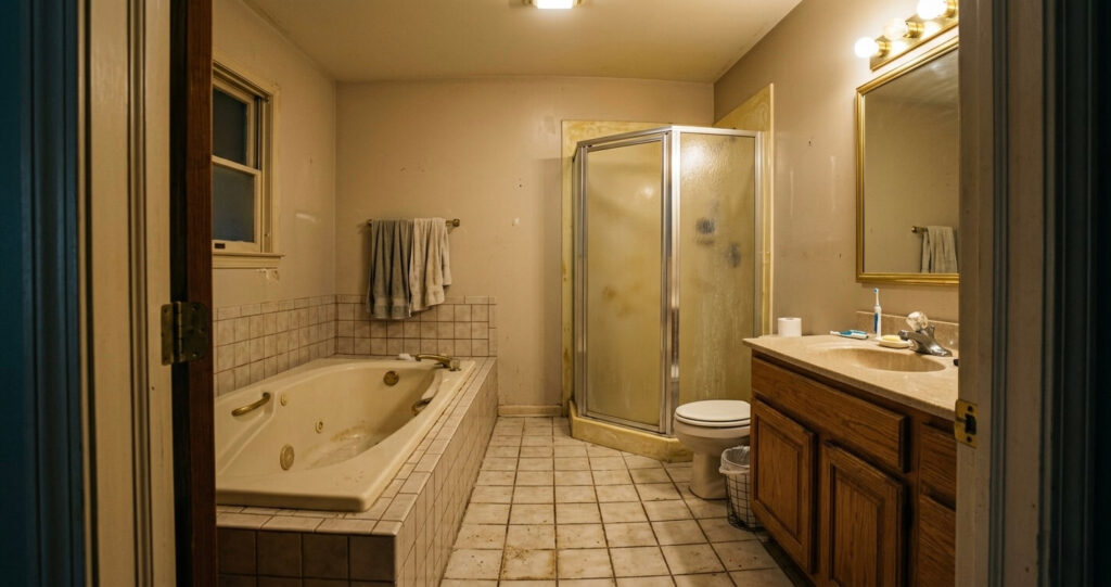 bathroom remodel before after Burke VA original 1991 master bathroom layout jetted tub shower acrylic surround outdated design