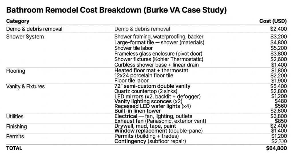 bathroom remodel before after Burke VA cost breakdown table master bathroom renovation pricing Fairfax County

