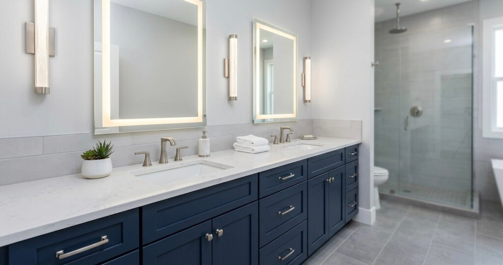 bathroom remodel before after Burke VA double vanity quartz countertop LED mirrors modern design McLean VA style

