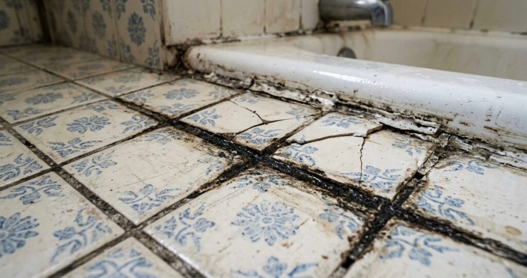 bathroom remodel before after Burke VA old ceramic tile cracked grout stained floor 1990s bathroom

