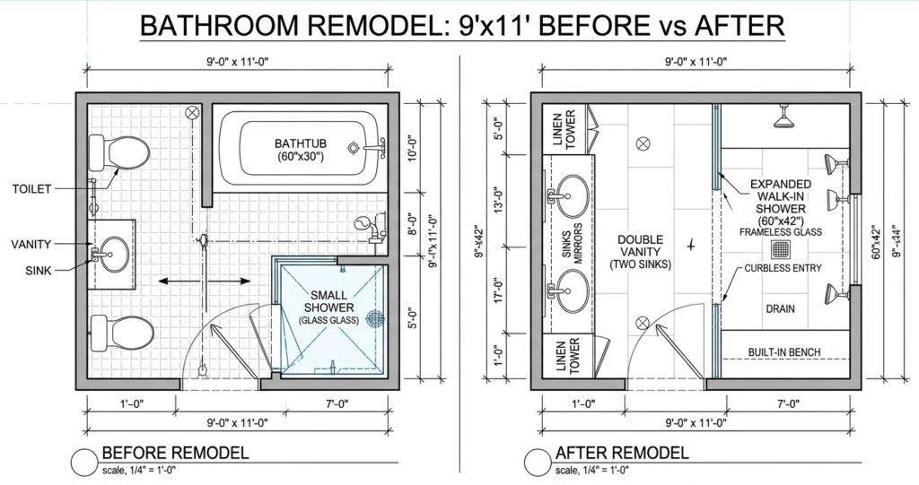 bathroom remodel before after Burke VA floor plan layout transformation tub removal walk in shower design Northern Virginia

