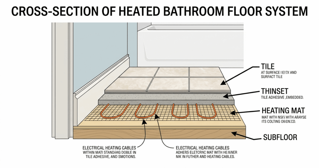 bathroom remodel before after Burke VA heated floor system diagram tile installation layers Northern Virginia

