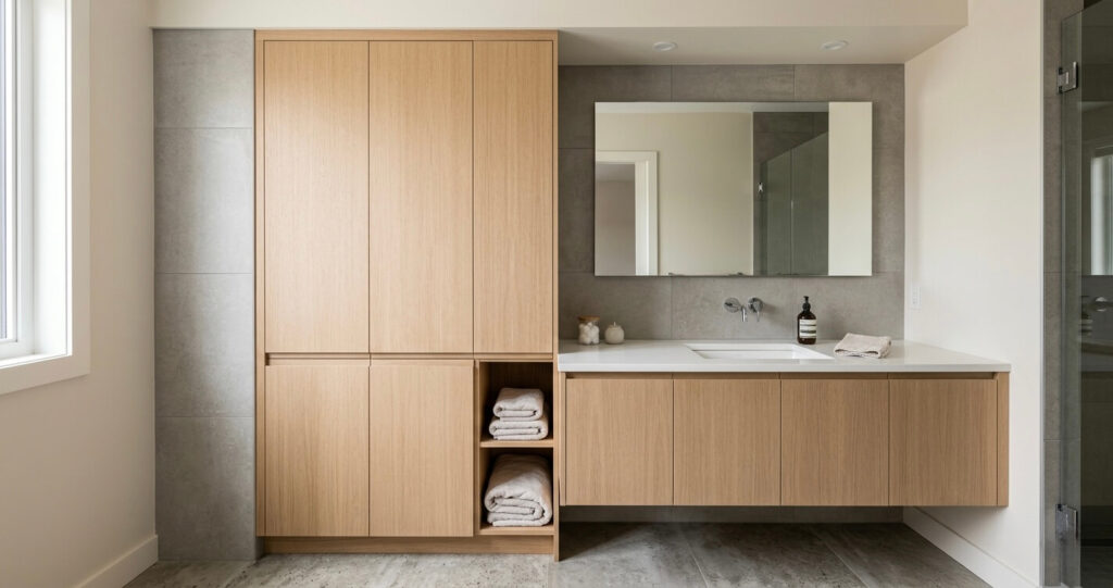 bathroom remodel before after Burke VA linen tower storage built in cabinet modern bathroom organization

