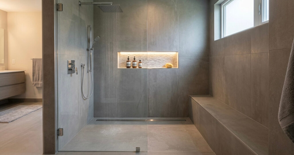 bathroom remodel before after Burke VA shower interior large tile bench niche frameless design

