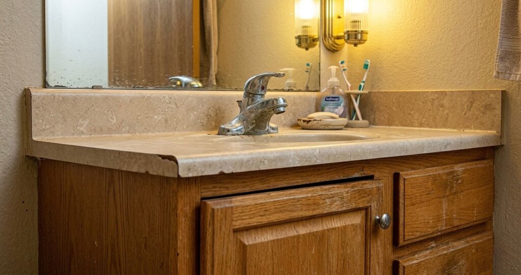 bathroom remodel before after Burke VA old vanity laminate countertop chrome fixtures outdated lighting Fairfax County home

