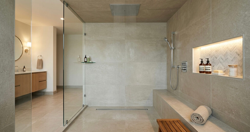 bathroom remodel before after Burke VA walk in shower curbless design large format tile frameless glass luxury


