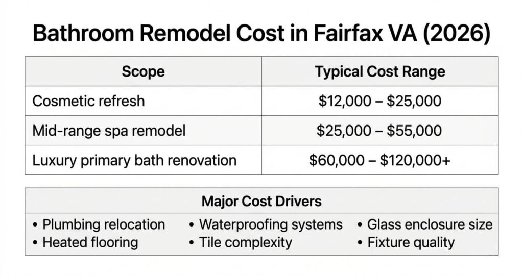 Bathroom design ideas Fairfax VA infographic showing spa bathroom remodel costs and luxury renovation pricing

