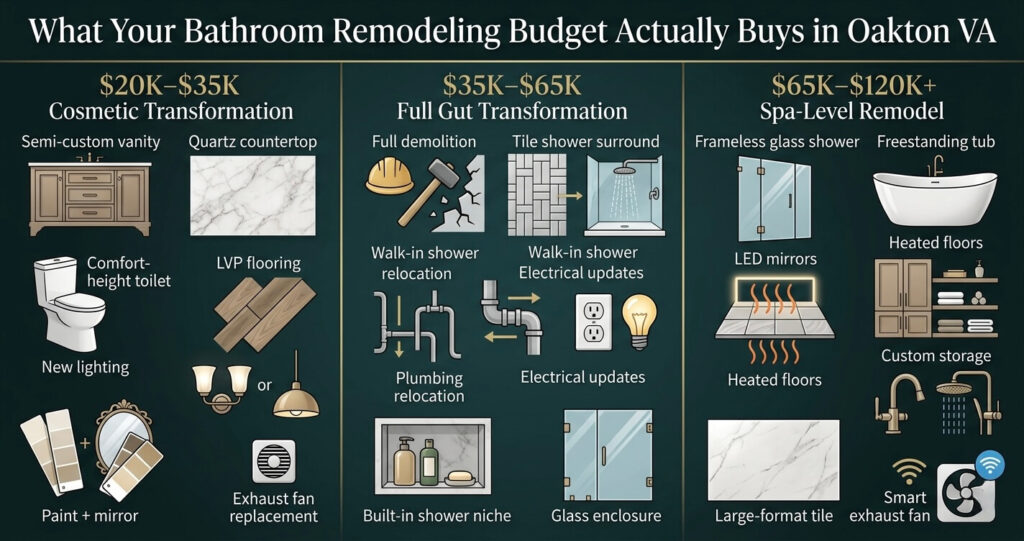 Bathroom Remodel Cost Oakton VA: Complete Pricing & 2026 Budget Guide 6 Bathroom remodel cost Oakton VA comparison of cosmetic mid-range and luxury spa bathroom renovations