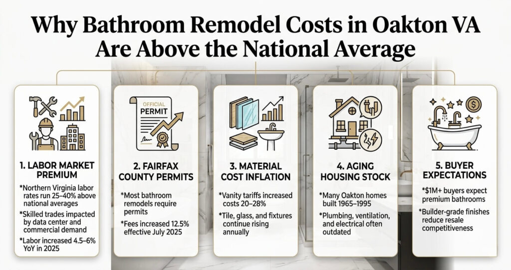 Bathroom Remodel Cost Oakton VA: Complete Pricing & 2026 Budget Guide 3 Bathroom remodel cost Oakton VA infographic explaining labor costs permits tariffs and Fairfax County remodeling expenses