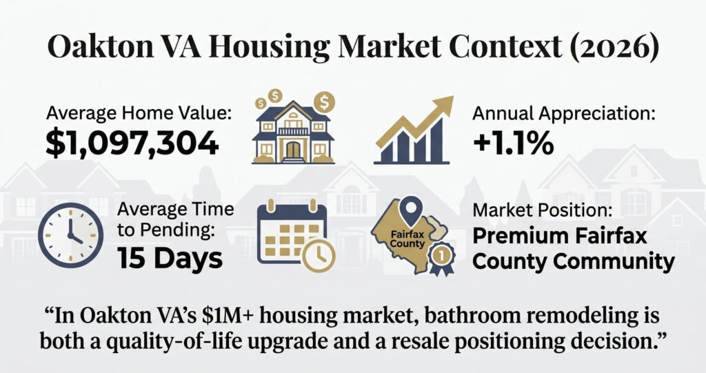 Bathroom Remodel Cost Oakton VA: Complete Pricing & 2026 Budget Guide 2 Bathroom remodel cost Oakton VA housing market infographic showing Oakton VA home values and Fairfax County real estate demand