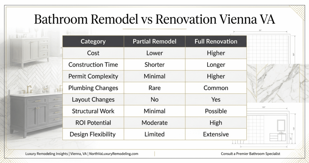 Bathroom Remodel vs. Renovation Vienna VA: What’s Worth It in 2026? 4 bathroom remodel vs renovation Vienna VA comparison table showing costs permits and renovation differences