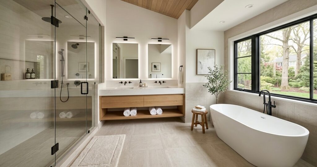 bathroom remodel vs renovation Vienna VA luxury master bathroom remodel with spa-style design and floating vanity