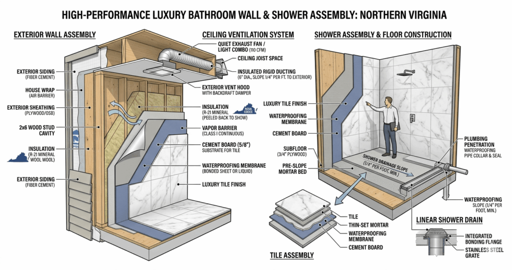 Bathroom Remodel vs. Renovation Vienna VA: What’s Worth It in 2026? 7 bathroom remodel vs renovation Vienna VA waterproofing ventilation and moisture management system illustration