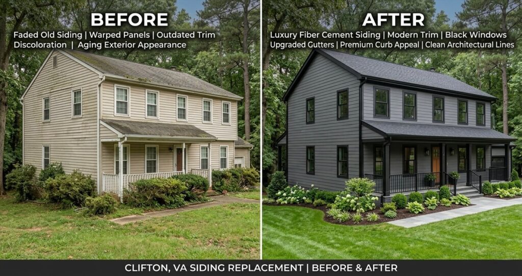 Siding Replacement Clifton VA: Best Materials, Costs & Contractor Tips (2026 Guide) 9 before and after siding replacement Clifton VA exterior remodeling transformation with fiber cement siding and modern curb appeal