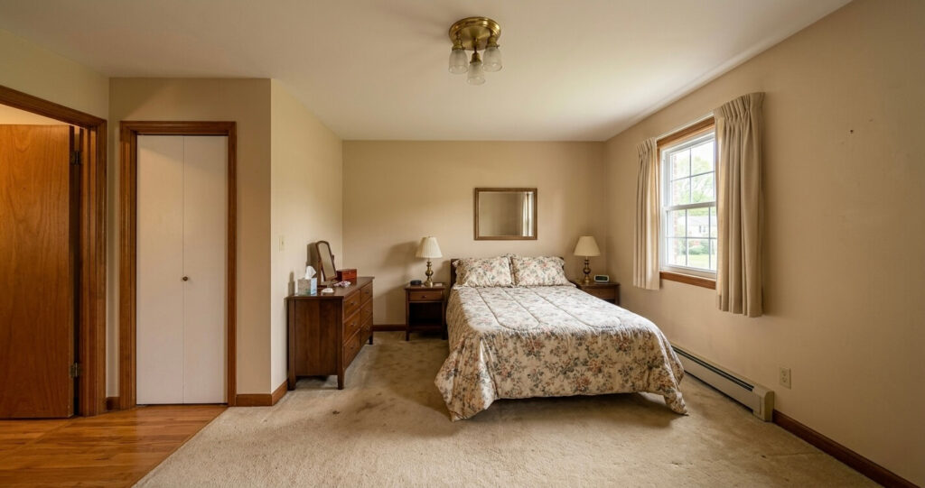 master suite addition before after Fairfax VA original 1984 Colonial bedroom with small layout and limited storage

