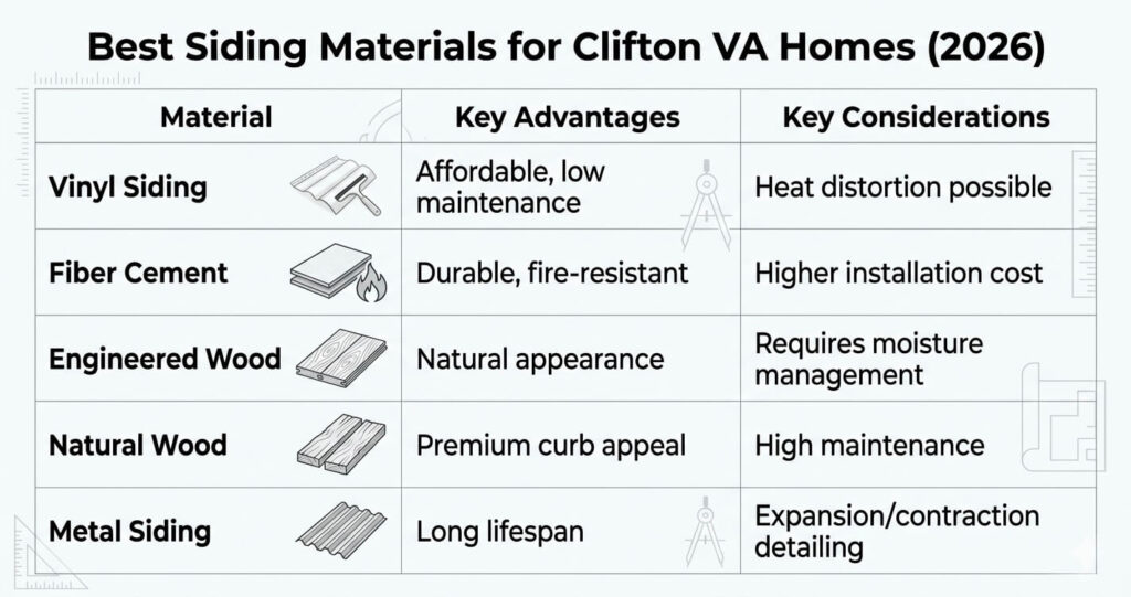 Siding Replacement Clifton VA: Best Materials, Costs & Contractor Tips (2026 Guide) 3 best siding replacement Clifton VA material comparison table for vinyl fiber cement engineered wood and metal siding