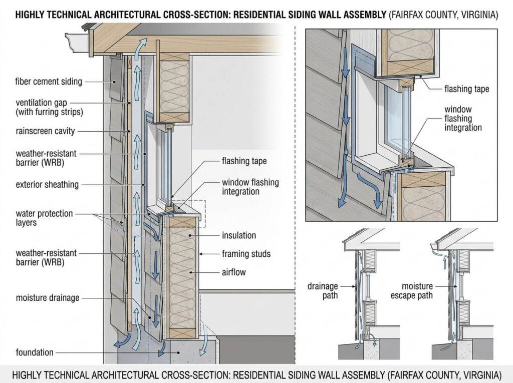 Siding Permit Fairfax County VA: When You Need One in 2026 2 siding permit Fairfax County VA building envelope diagram showing flashing WRB drainage plane and sheathing layers