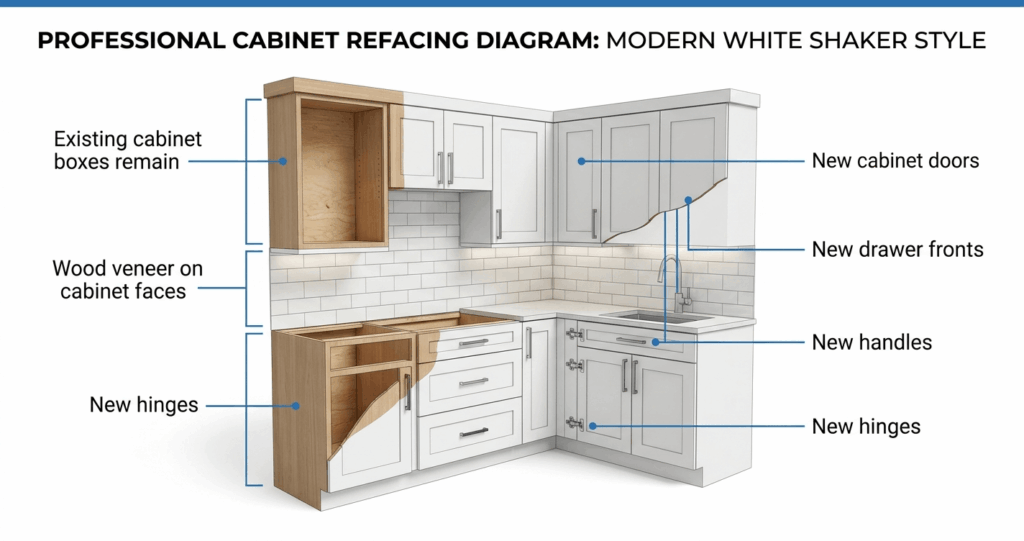 Kitchen Renovation vs. Cabinet Refacing Arlington VA: Which Is Worth It in 2026? 2 Kitchen renovation vs cabinet refacing Arlington VA cabinet refacing process showing doors veneer and hardware replacement