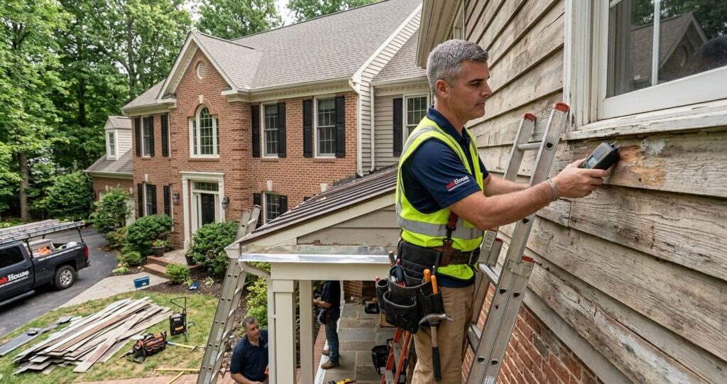 Siding Replacement Clifton VA: Best Materials, Costs & Contractor Tips (2026 Guide) 8 experienced siding contractor Clifton VA inspecting exterior wall moisture damage and siding replacement conditions