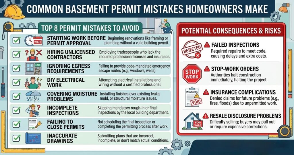 Basement Finishing Permit Arlington County VA: What Homeowners Must Know in 2026 7 basement finishing permit Arlington County VA common permit and remodeling mistakes infographic