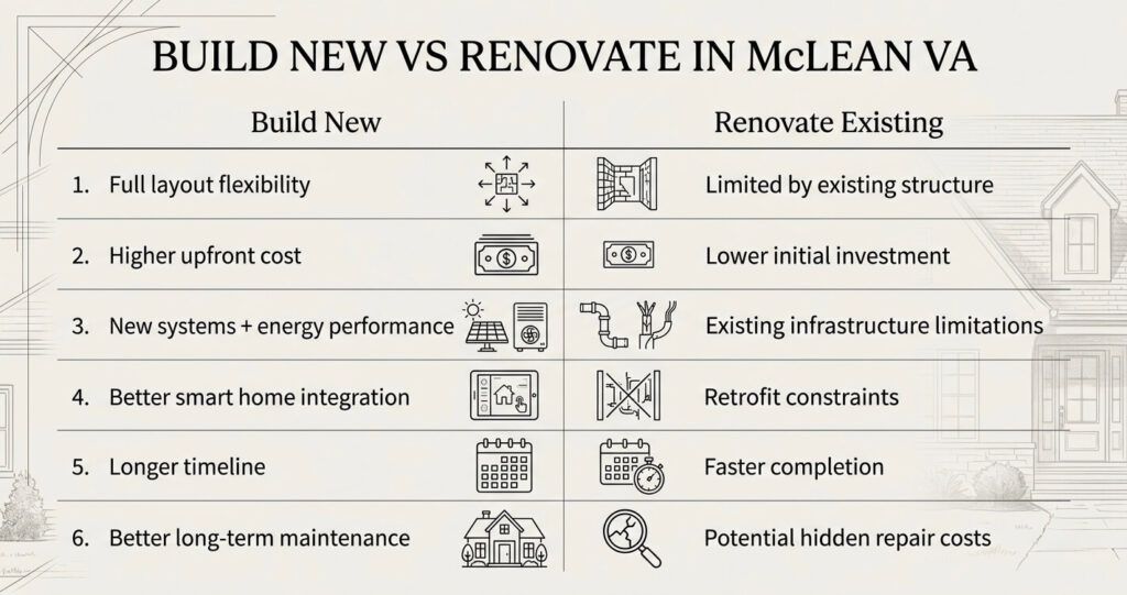 Custom Home Builder McLean VA: Process, Costs & 2026 Guide 2 Custom home builder McLean VA build new vs renovate comparison Northern Virginia