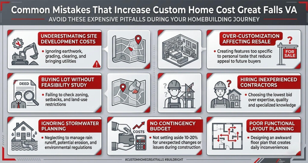 Custom Home Cost Great Falls VA Explained: Land, Design & Build Pricing 2026 Guide 7 Custom home cost Great Falls VA common mistakes infographic showing budgeting planning and construction errors in Northern Virginia luxury homes