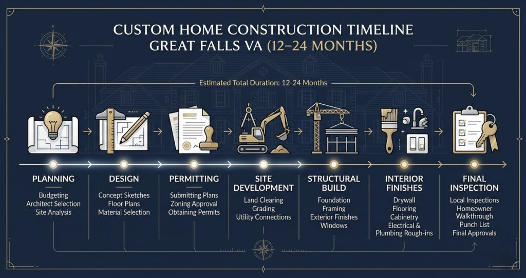 Custom Home Cost Great Falls VA Explained: Land, Design & Build Pricing 2026 Guide 8 Custom home cost Great Falls VA construction timeline showing 12 to 24 month luxury home building process in Northern Virginia