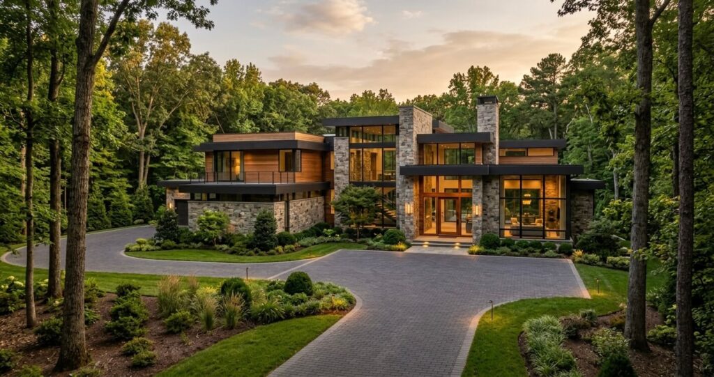 Custom home cost Great Falls VA luxury estate exterior showing high-end architecture in Northern Virginia wooded setting