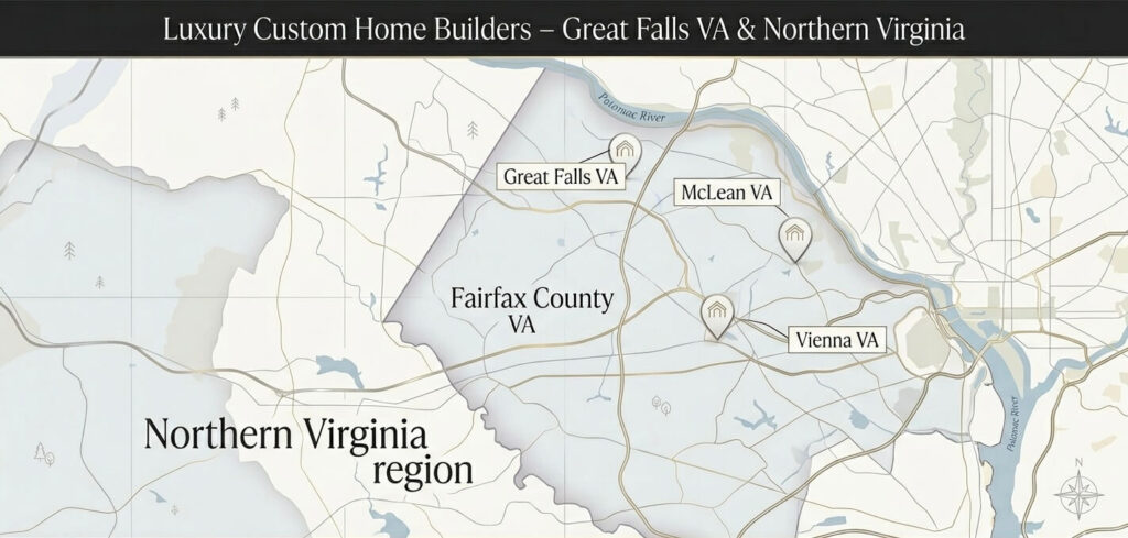 Custom Home Cost Great Falls VA Explained: Land, Design & Build Pricing 2026 Guide 9 Custom home cost Great Falls VA service area map showing luxury home construction coverage in McLean Vienna and Fairfax County Northern Virginia