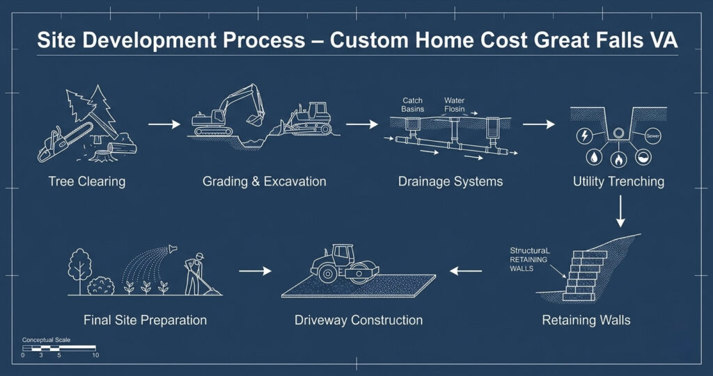 Custom Home Cost Great Falls VA Explained: Land, Design & Build Pricing 2026 Guide 4 Custom home cost Great Falls VA site development process showing grading drainage and utility installation in luxury home construction