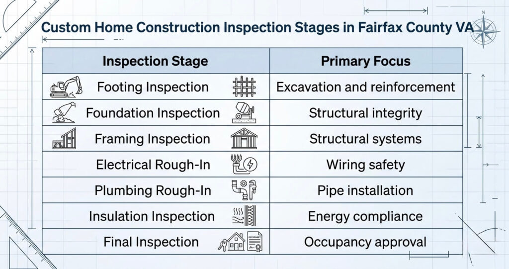 custom home permit Fairfax County VA construction inspection checklist and residential building inspection stages

