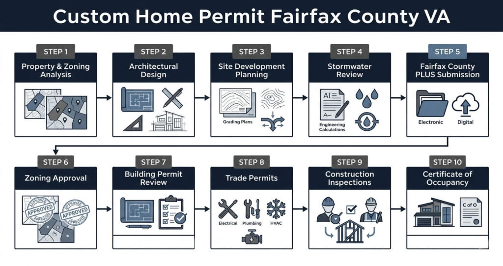 custom home permit Fairfax County VA process flowchart showing zoning review and Fairfax County PLUS system approvals


