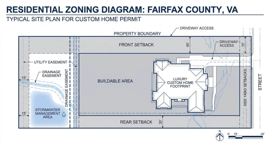 custom home permit Fairfax County VA zoning setbacks and buildable area diagram for luxury residential construction

