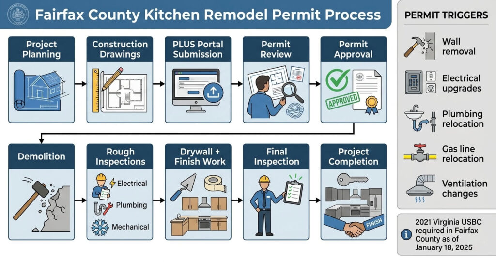 8 Kitchen Remodel Mistakes Vienna VA Homeowners Make (And How to Avoid Them in 2026) 5 kitchen remodel mistakes Vienna VA Fairfax County kitchen permits and inspection process infographic