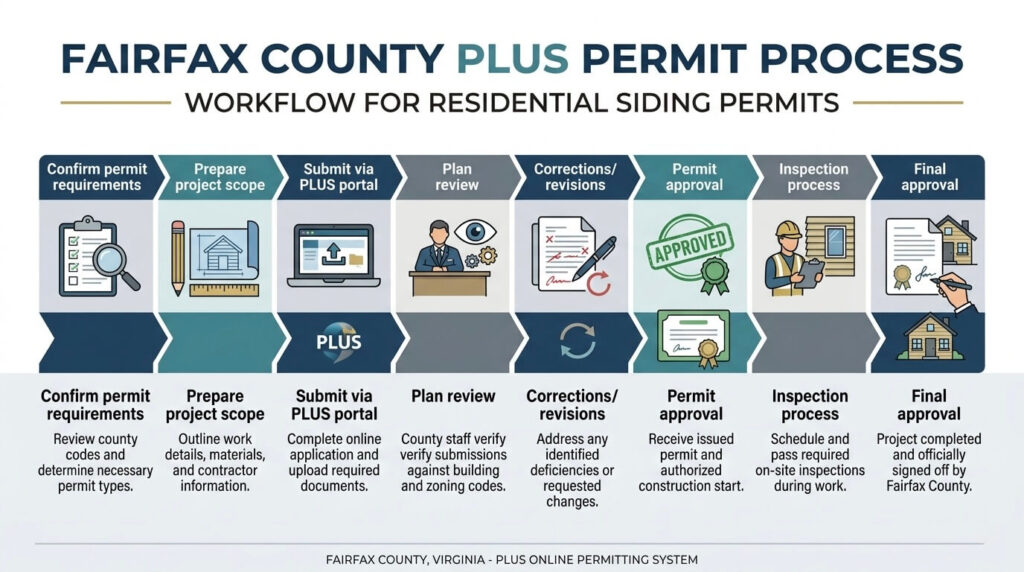 Siding Permit Fairfax County VA: When You Need One in 2026 4 siding permit Fairfax County VA PLUS portal permit application workflow infographic